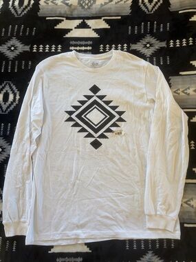 White Long-Sleeve Tee with Black Aztec Graphic